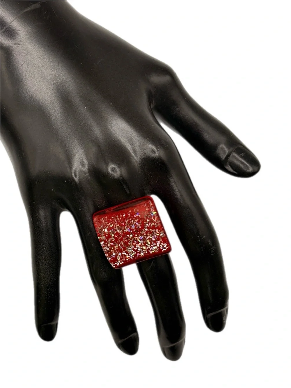 Red Glitter Square Acrylic Statement Ring Adjustable